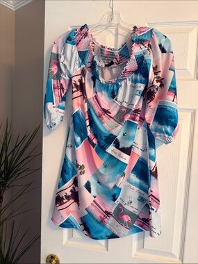 Tropical Postcard Print Blouse — Pink & Blue